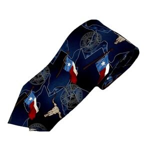 Vintage Privado Texas Flag Seal Longhorn Skull Silk Tie Blue Handmade